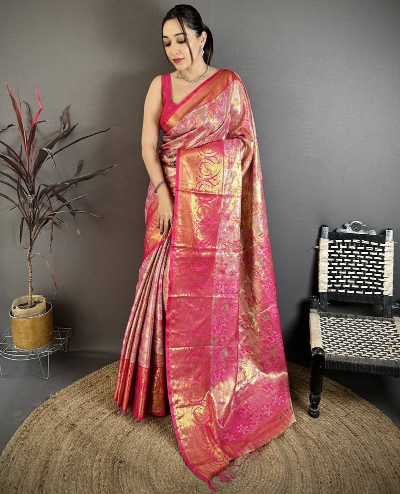 Pink floral, meenakari, zari woven kanjivaram semi silk saree with blouse