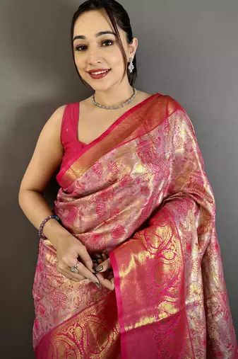 Pink floral, meenakari, zari woven kanjivaram semi silk saree with blouse