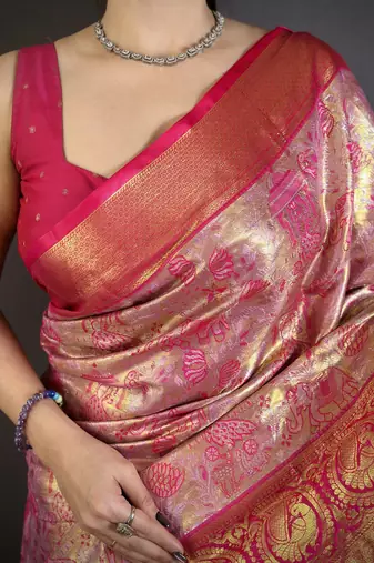 Pink floral, meenakari, zari woven kanjivaram semi silk saree with blouse