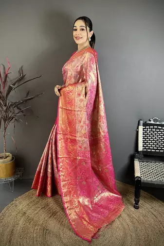 Pink floral, meenakari, zari woven kanjivaram semi silk saree with blouse