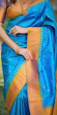 Sky blue floral temple border zari work kanji gadwal silk blend saree with blouse 5
