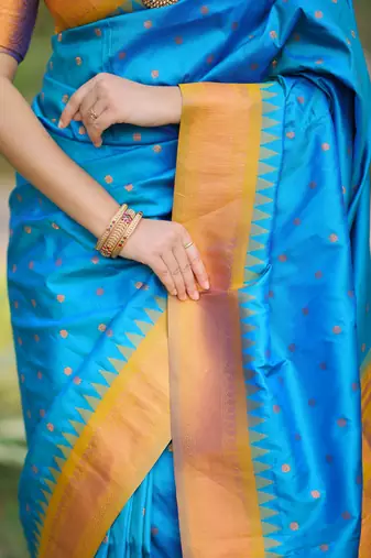 Sky blue floral, temple border, zari work kanji gadwal silk saree with blouse