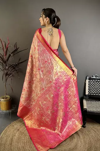 Pink floral, meenakari, zari woven kanjivaram semi silk saree with blouse