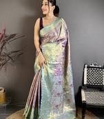 Purple floral, meenakari, zari woven kanjivaram semi silk saree with blouse