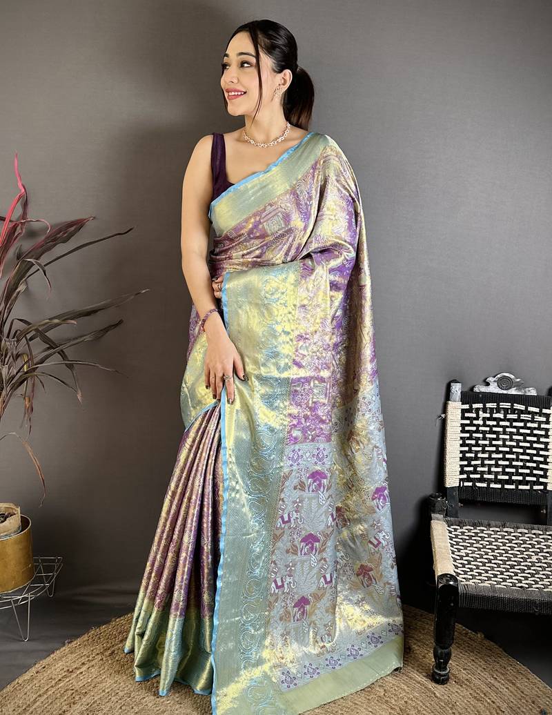 Purple floral, meenakari, zari woven kanjivaram semi silk saree with blouse