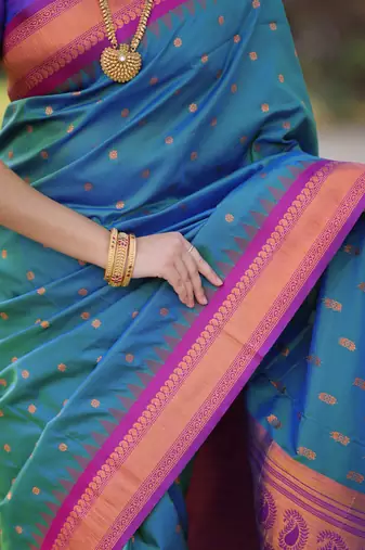 Teal blue floral, temple border, zari work kanji gadwal silk saree with blouse
