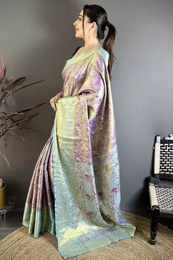 Purple floral, meenakari, zari woven kanjivaram semi silk saree with blouse