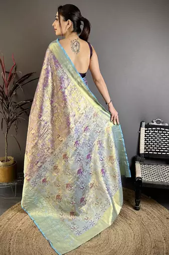 Purple floral, meenakari, zari woven kanjivaram semi silk saree with blouse