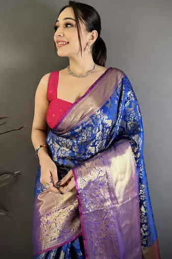 Blue floral, zari work kanjivaram katan silk saree with blouse