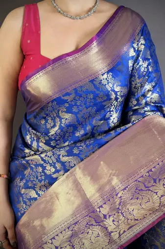 Blue floral, zari work kanjivaram katan silk saree with blouse