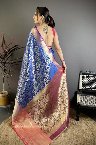 Blue floral, zari work kanjivaram katan silk saree with blouse