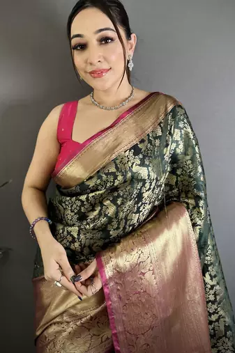 Dark green floral, zari work kanjivaram katan silk saree with blouse