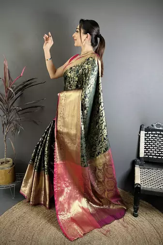 Dark green floral, zari work kanjivaram katan silk saree with blouse