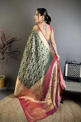 Dark green floral, zari work kanjivaram katan silk saree with blouse