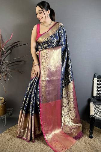 Navy blue floral, zari work kanjivaram katan silk saree with blouse