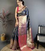 Navy blue floral, zari work kanjivaram katan silk saree with blouse