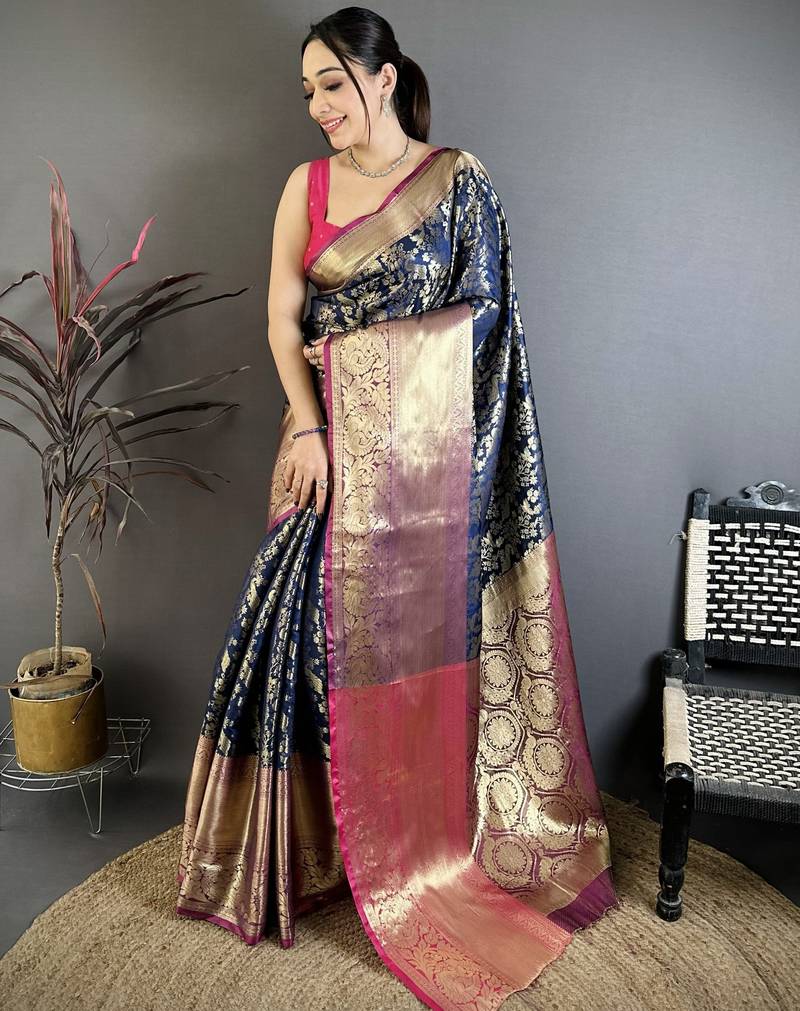Navy blue floral, zari work kanjivaram katan silk saree with blouse