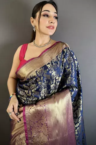 Navy blue floral, zari work kanjivaram katan silk saree with blouse