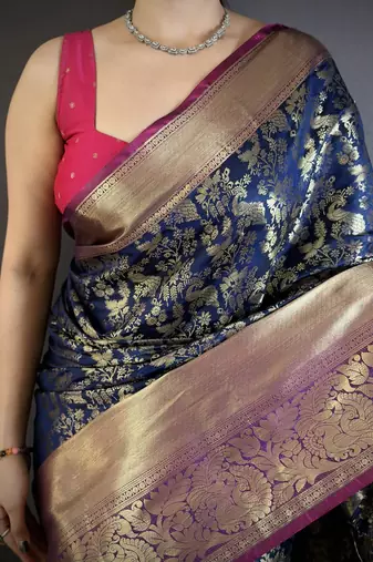Navy blue floral, zari work kanjivaram katan silk saree with blouse
