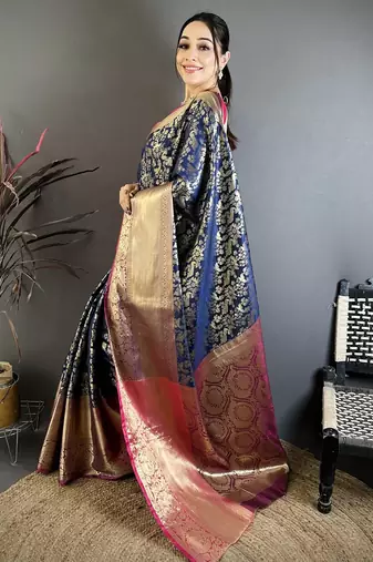 Navy blue floral, zari work kanjivaram katan silk saree with blouse