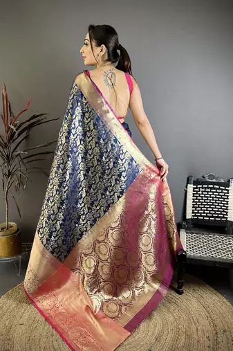 Navy blue floral, zari work kanjivaram katan silk saree with blouse