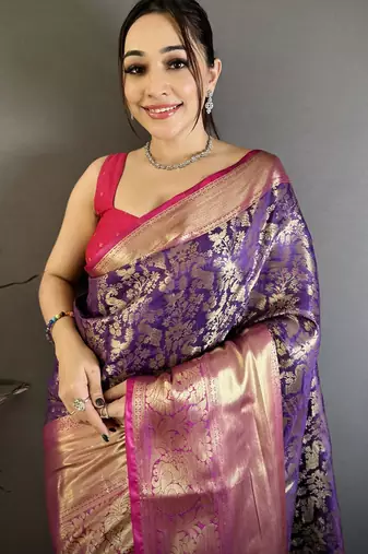 Purple floral, zari work kanjivaram katan silk saree with blouse