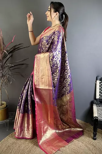 Purple floral, zari work kanjivaram katan silk saree with blouse