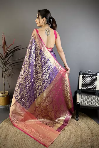 Purple floral, zari work kanjivaram katan silk saree with blouse