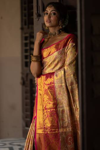 gold floral, zari work faux kanjivaram semi silk saree with blouse