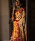 gold floral, zari work faux kanjivaram semi silk saree with blouse