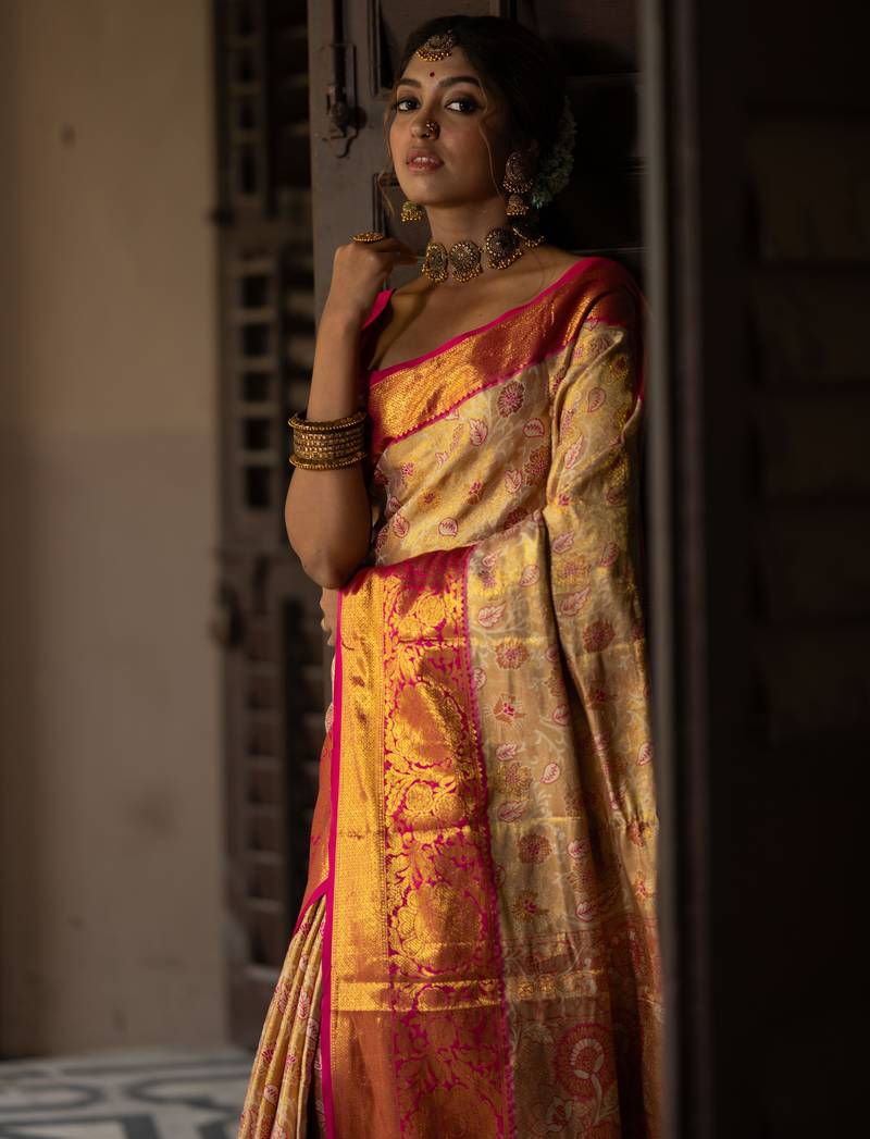 Gold floral, zari work kanjivaram semi silk saree with blouse
