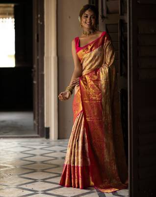 gold floral, zari work faux kanjivaram semi silk saree with blouse 3