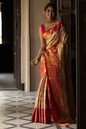 gold floral, zari work faux kanjivaram semi silk saree with blouse