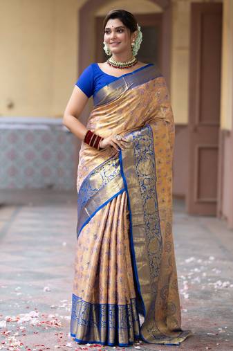Peach floral, zari work kanjivaram semi silk saree with blouse
