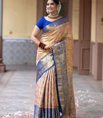 Peach floral, zari work kanjivaram semi silk saree with blouse