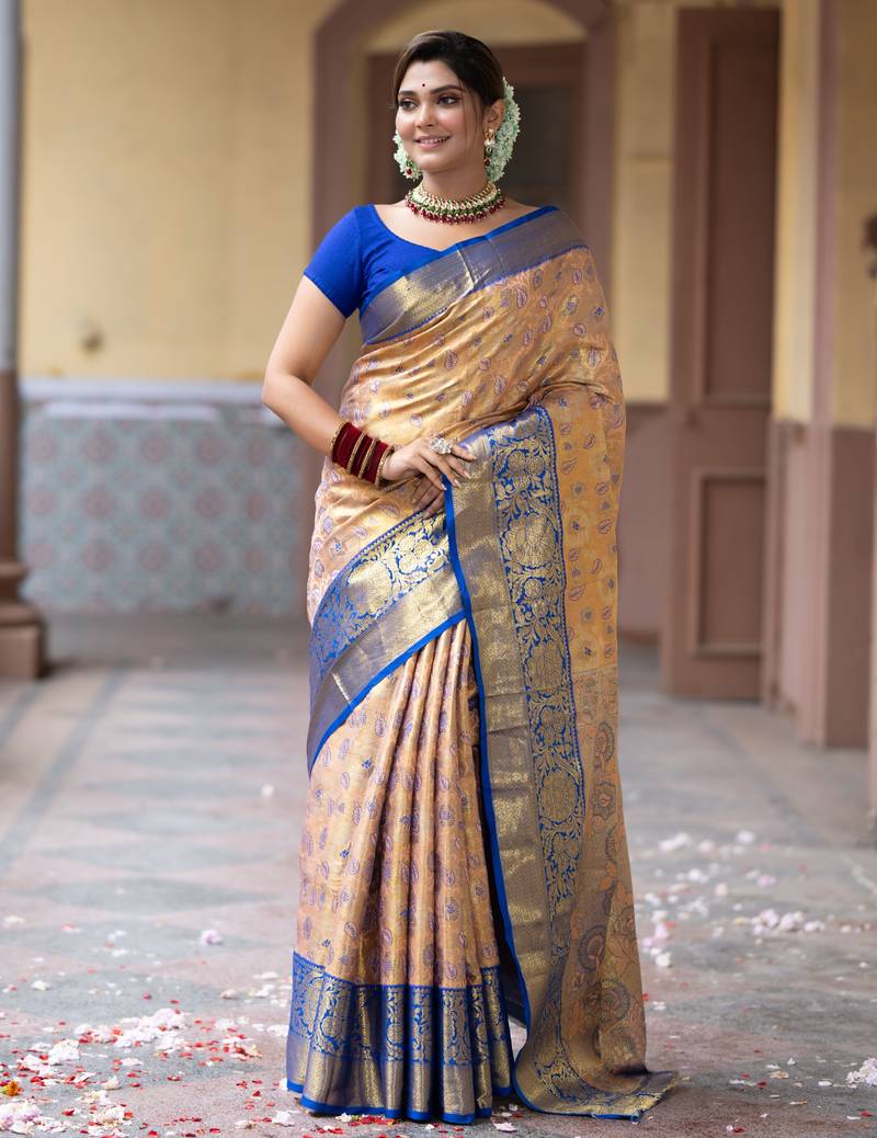 Peach floral, zari work kanjivaram semi silk saree with blouse