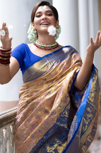 Peach floral, zari work kanjivaram semi silk saree with blouse