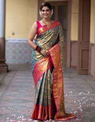 teal green floral, zari work faux kanjivaram semi silk saree with blouse 1