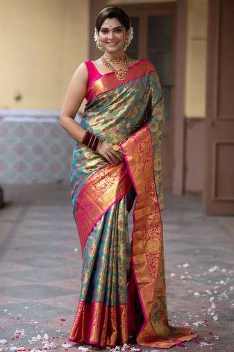 teal green floral, zari work faux kanjivaram semi silk saree with blouse