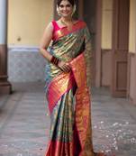 teal green floral, zari work faux kanjivaram semi silk saree with blouse