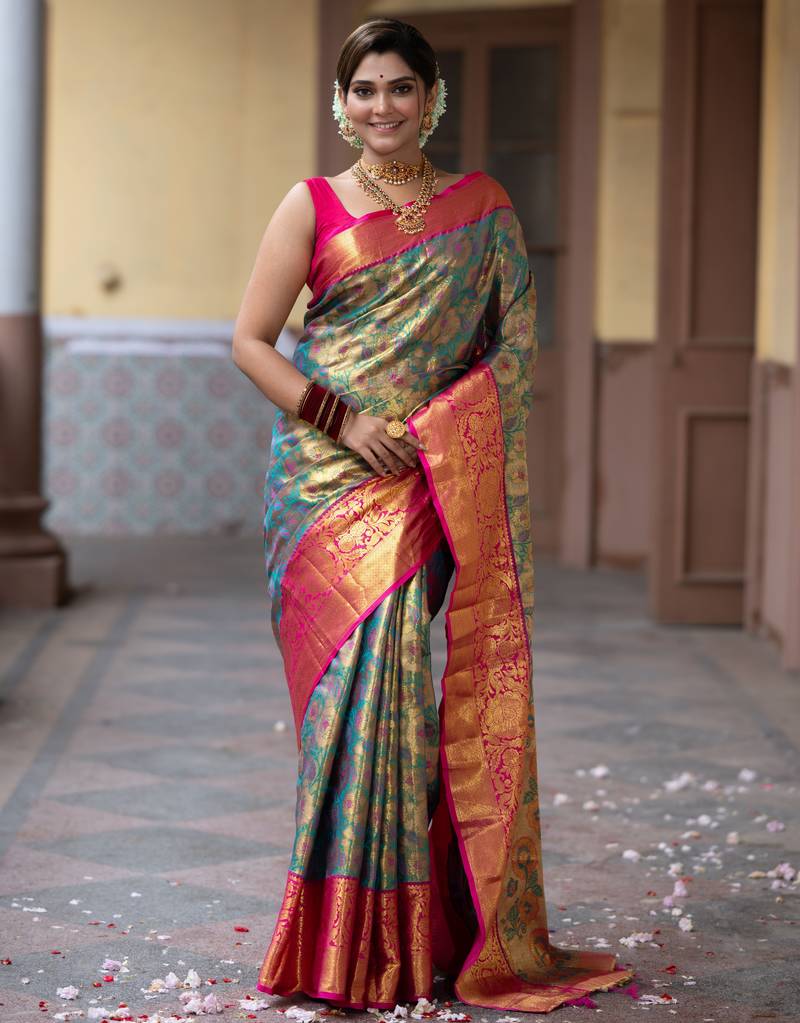 teal green floral, zari work faux kanjivaram semi silk saree with blouse