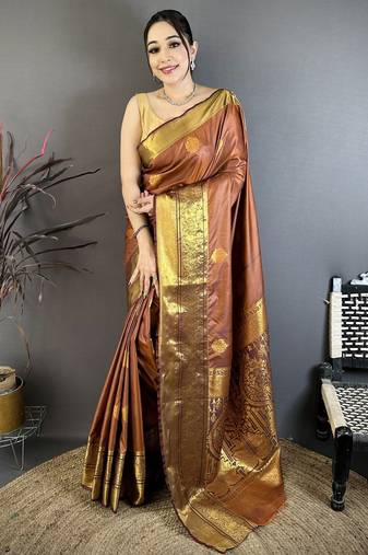 Brown floral, zari woven raw mango soft silk saree with blouse