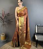 Brown floral, zari woven raw mango soft silk saree with blouse
