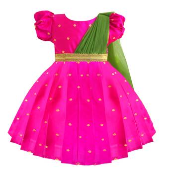 pink & green combo silk saree frock for girls south indian  partywear dress 1