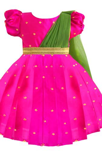 pink & green combo silk saree frock for girls south indian  partywear dress