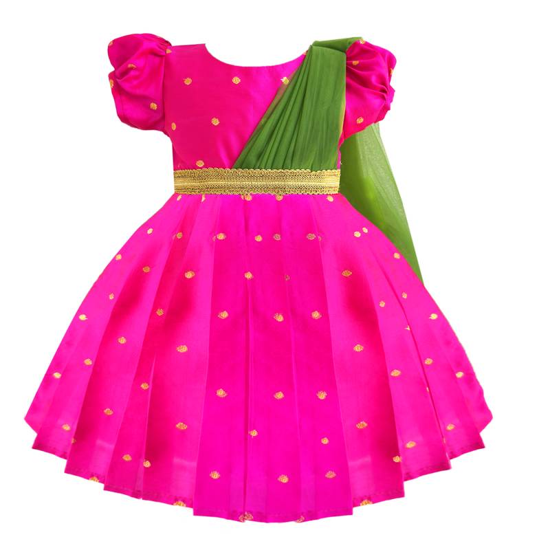 pink & green combo silk saree frock for girls south indian  partywear dress