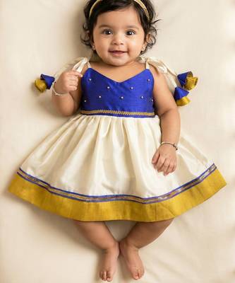 kids newborn babygirl silk frock/diwali dress/ethnicwear/festive indianwear cream&blue 1