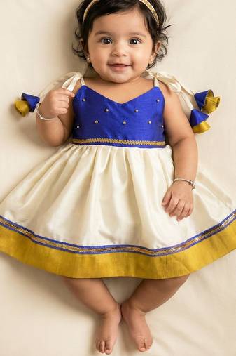 kids newborn babygirl silk frock/diwali dress/ethnicwear/festive indianwear cream&blue