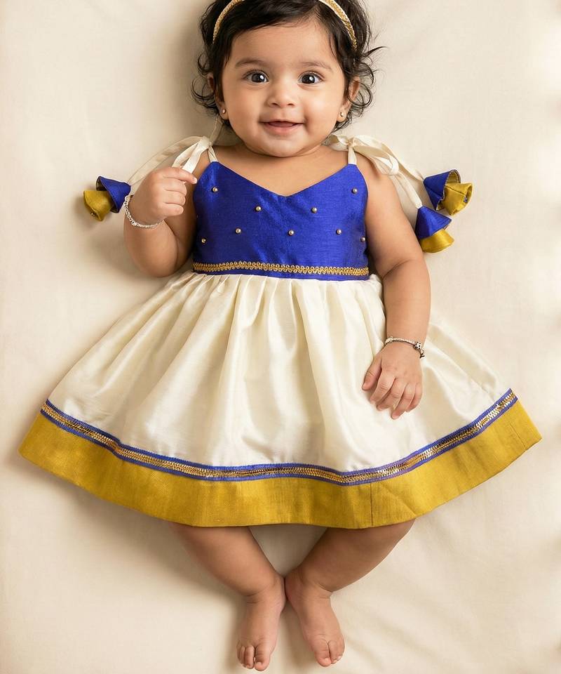 kids newborn babygirl silk frock/diwali dress/ethnicwear/festive indianwear cream&blue