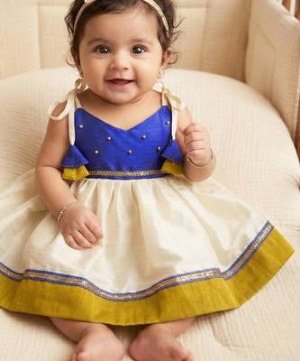 kids newborn babygirl silk frock/diwali dress/ethnicwear/festive indianwear cream&blue 2